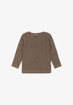 Ruda ilgomis rankovėmis palaidinė iš minkštos medžiagos, su apvalia iškirpte, spaustukais ant peties ir tiesia apačia.