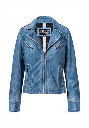 Blauwe leren bikerjas met ritssluiting zakken en een voorrits, met label "COCO Black Label" en maat 36 binnenin de kraag.