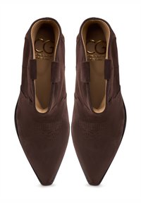 Un paio di ankle boot in suede marrone con punta affusolata, caratterizzati da una sottile cucitura decorativa e pannelli laterali elasticizzati, visti dall'alto.