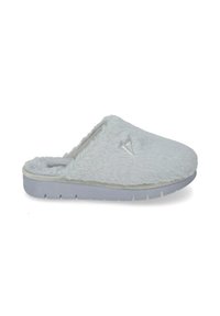 Pantofole grigie e morbide con una superficie texturizzata, design slip-on e suola in gomma grigia chiara. Presentano un accento a triangolo ricamato.