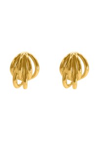 Orecchini in metallo color oro con un design aperto e avvolgente, caratterizzati da più anelli intrecciati che creano un aspetto dinamico e testurizzato.