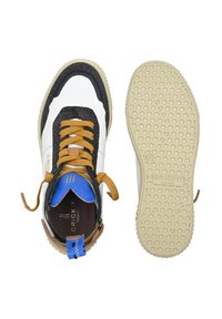 Shoe with a white leather upper, black glitter accents, and orange laces. Features a blue collar and textured beige sole with hexagonal pattern.