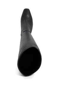 Black knee-high boot made of smooth leather with a pointed toe and minimal stitching. Interior is dark, showcasing a fitted design.