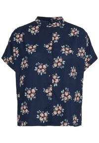 Blouse bleu marine à manches courtes avec une patte de boutonnage à l'avant et un col officier. Présente un motif floral rose et vert sur un tissu lisse.