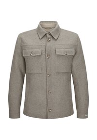 Grau Wolljacke mit spitzem Kragen, sechs Knöpfen, zwei Brusttaschen und langen Ärmeln. Verfügt über einen strukturierten Stoff und eineStandardpassform.