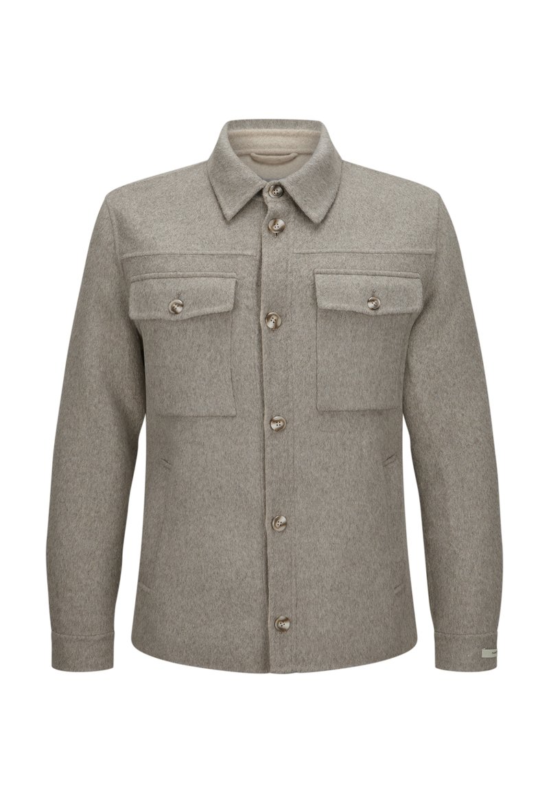 Grau Wolljacke mit spitzem Kragen, sechs Knöpfen, zwei Brusttaschen und langen Ärmeln. Verfügt über einen strukturierten Stoff und eineStandardpassform.