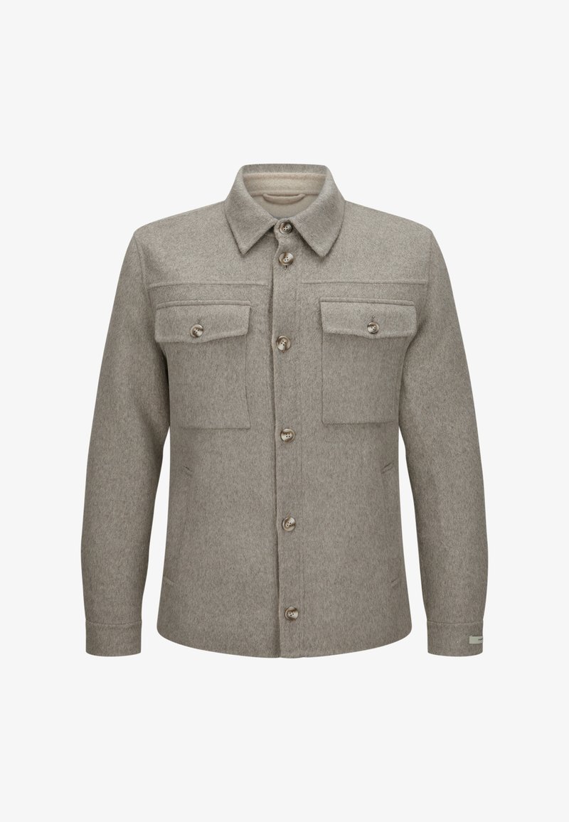 Grau Wolljacke mit spitzem Kragen, sechs Knöpfen, zwei Brusttaschen und langen Ärmeln. Verfügt über einen strukturierten Stoff und eineStandardpassform.