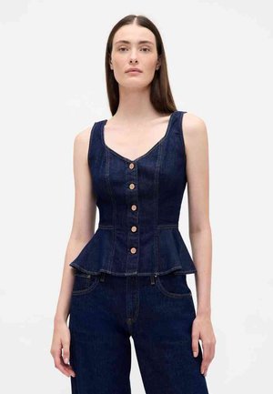 Donker denim peplumtop met een ronde halslijn, knoopsluiting aan de voorkant en een gedefinieerde taille. Heeft brede bandjes en een uitlopende zoom.