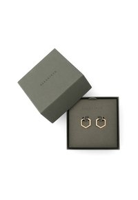 Pendientes hexagonales en tono dorado expuestos en una caja gris con una tapa a juego, que presenta una textura suave y el nombre de la marca "ALLSAINTS" grabado.