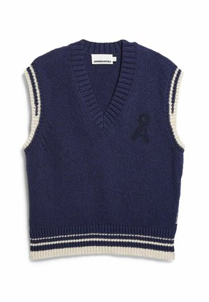 Navy blue knitted sleeveless sweater with a V-neck, featuring cream-colored striped accents and an embroidered logo on the front.