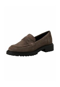 Braune Wildleder-Loafer mit abgerundetem Zeh, genähten Details über den Riemen und einer robusten schwarzen Gummisohle für guten Halt.