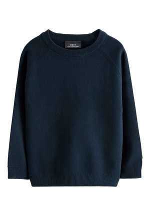 Ciemnogranatowy sweter z okrągłym dekoltem, długimi rękawami oraz ściągaczami na mankietach, dole i dekolcie, prezentowany na białym tle.
