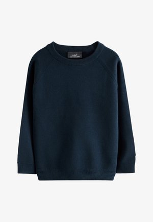 Pull bleu marine foncé à col rond avec manches longues et poignets, ourlet et encolure côtelés, présenté sur fond blanc.