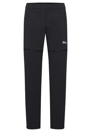 Pantalons de randonnée noirs avec une poche zippée, un design convertible et une texture lisse. Présente un logo sur le côté près de la taille.