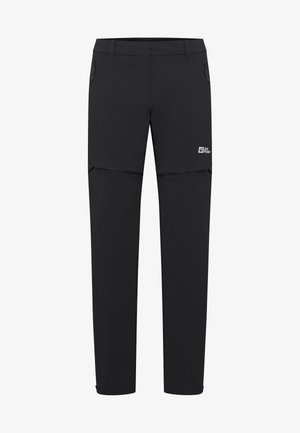 Pantalons de randonnée noirs avec une poche zippée, un design convertible et une texture lisse. Présente un logo sur le côté près de la taille.