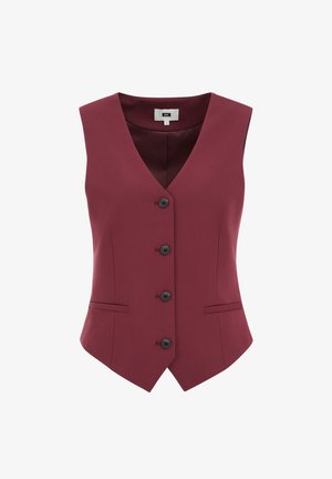 Bordeauxfarbener Weste mit V-Ausschnitt und fünf schwarzen Knöpfen, ausgestattet mit zwei Fronttaschen und einem taillierten, figurbetonten Design. Glatte Stoffoberfläche.