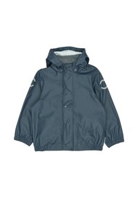 Sötétkék vízálló, kapucnis dzseki elasztikus mandzsettákkal, elülső patentos záródással és szürke polárbéléssel. Az ujjon logó található.