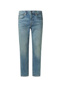 Pantalones vaqueros de mezclilla azul claro con un diseño de pierna recta, cinco bolsillos y cierre de cremallera. Presentan detalles sutiles de desgaste y decoloración.