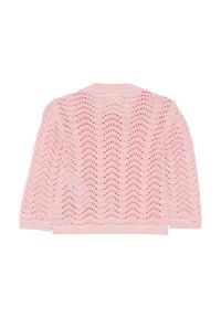 Lichtroze gebreide cardigan met een kanten patroon en golfachtige details, geribbelde manchetten en een ronde halslijn. Achteraanzicht weergegeven.