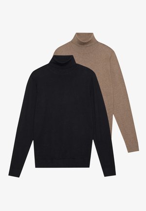 Two long-sleeve turtleneck sweaters, one in black and one in light brown, made of soft knit fabric with a fitted design and ribbed cuffs.