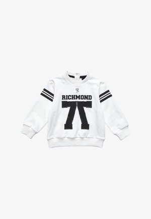 Felpa bianca con stampa nera "RICHMOND" e "77". Presenta dettagli a righe nere sulle maniche e polsini a costine. Girocollo rotondo.