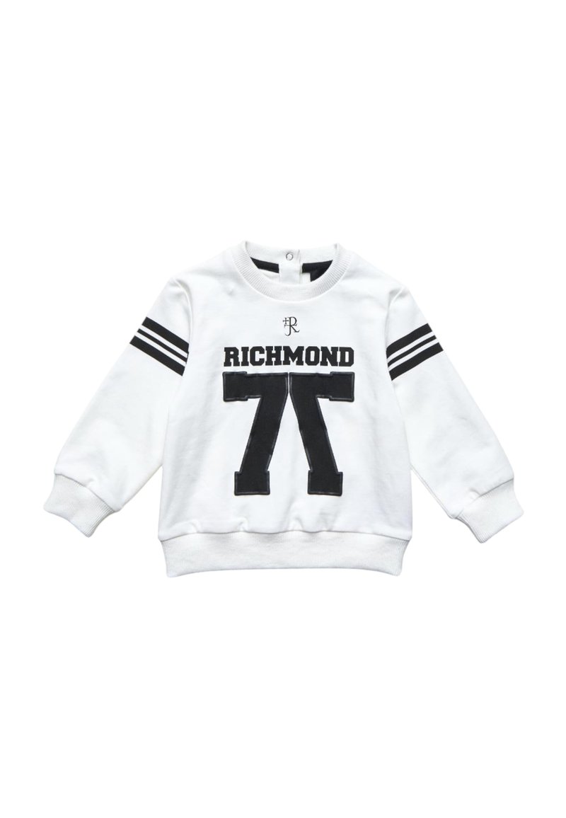Felpa bianca con stampa nera "RICHMOND" e "77". Presenta dettagli a righe nere sulle maniche e polsini a costine. Girocollo rotondo.
