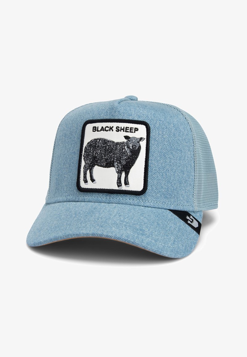 Light blue denim cap with a curved brim, featuring a black-and-white sheep graphic and "BLACK SHEEP" text on a white patch.
