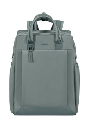 Gray rectangular backpack with top handles, shoulder straps, front zipper pocket, and side compartments. Brand tag attached near handle.