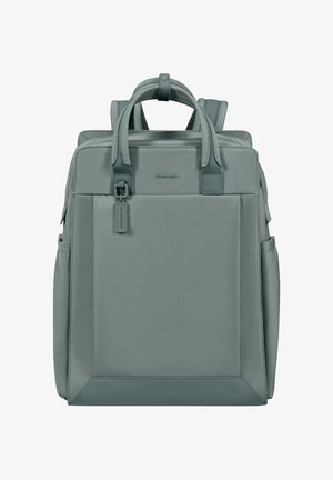 Gray rectangular backpack with top handles, shoulder straps, front zipper pocket, and side compartments. Brand tag attached near handle.