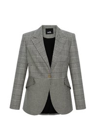 Harmaa ruudullinen bleiseri, jossa on jämäkkä muotoilu, lovitetut kaulukset, yksittäinen nappilukitus ja kaksi etutaskua. Vuorattu mustalla kankaalla.