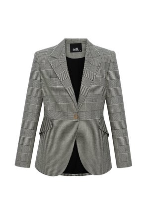 Grijze geblokte blazer met een gestructureerd ontwerp, gelapte kraag, enkele knoopsluiting en twee voorzakken. Gevoerd met zwarte stof.