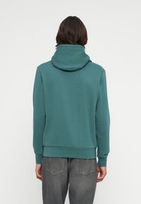 Felpa con cappuccio in teal, dal taglio morbido, con polsini e orlo a costine. Tessuto morbido, design semplice, senza grafiche o motivi visibili. Vista posteriore.