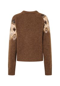 Maglione marrone lavorato a maglia con un corpo testurizzato e maniche a motivo con accenti crema e nero. Collo rotondo e orlo a costine.