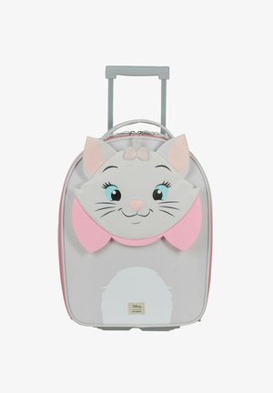 Maleta gris con un diseño de cara de gato, que presenta orejas rosas, un lazo y una cola blanca. Material suave con cremallera y asa retráctil.