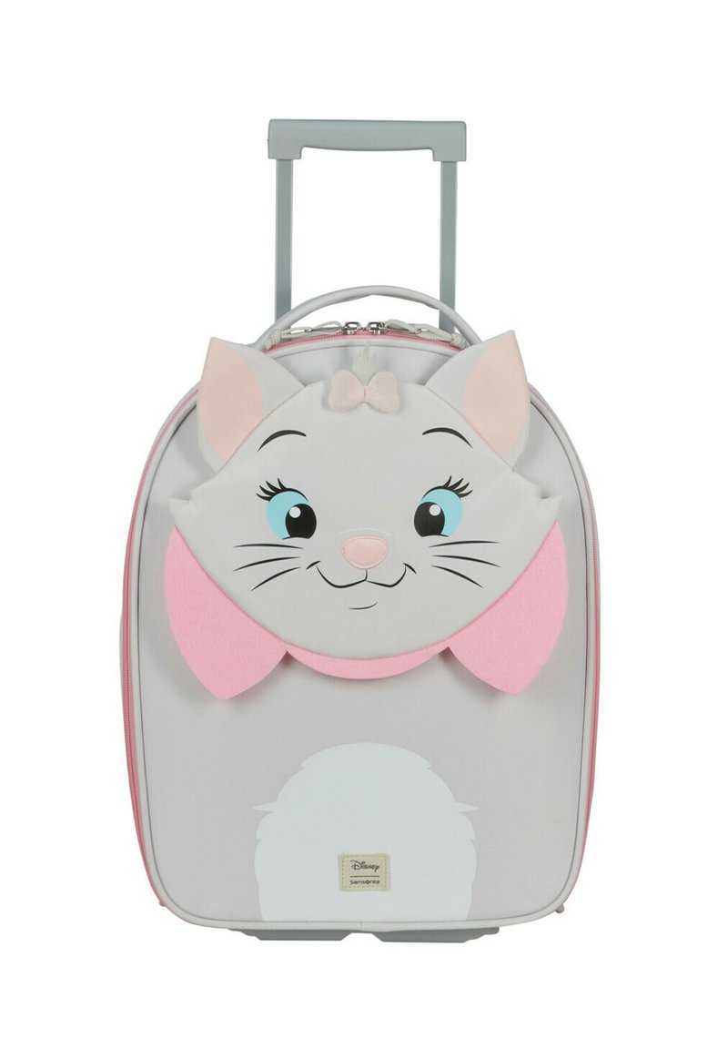 Barnresväska med grå kropp, rosa detaljer och en design med kattansikte. Har öron, en rosett och en fluffig svansdetalj längst ner.