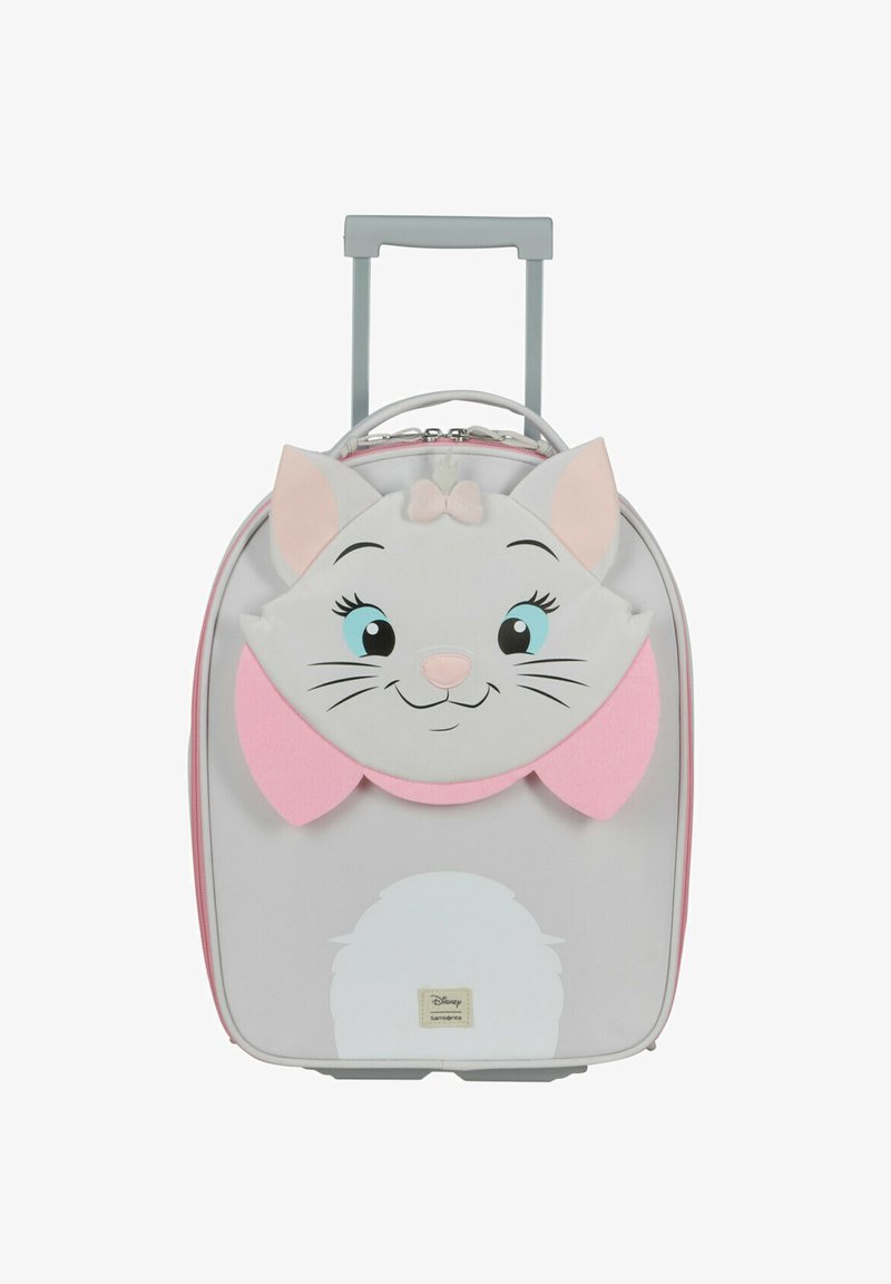 Valise pour enfants avec un corps gris, des accents roses et un design de visage de chat. Comprend des oreilles, un nœud et un détail de queue duveteuse en bas.