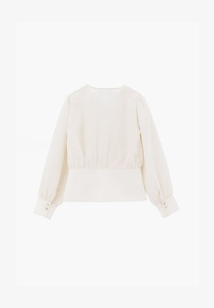 Biała bluzka z długim rękawem, z marszczoną elastyczną talią i mankietami, zapinanymi na guziki rękawami oraz okrągłym dekoltem, widziana od tyłu.