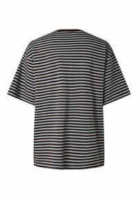 T-shirt à manches courtes avec des rayures horizontales marron et bleu clair, vu de dos sur fond blanc.