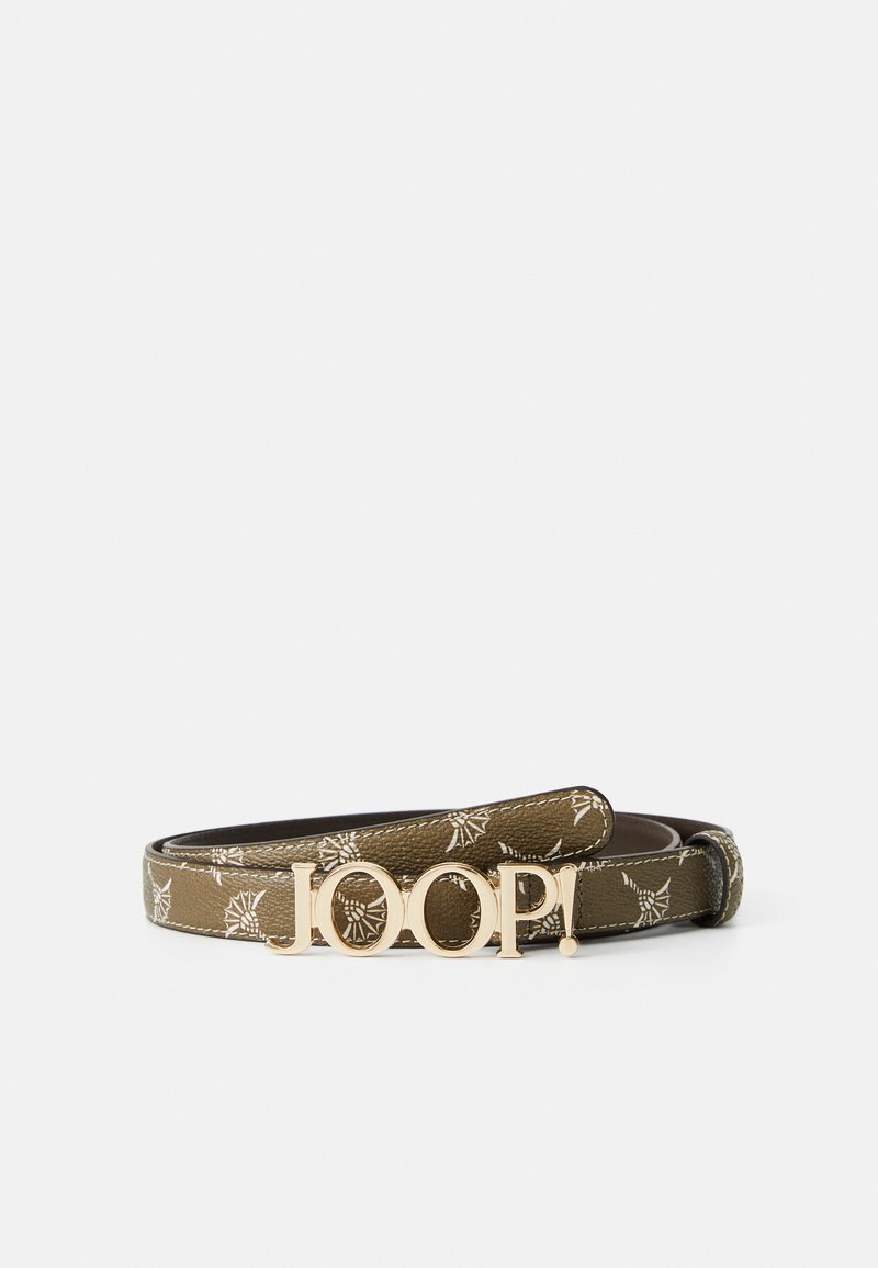 Green textured leather belt with a gold-tone buckle featuring "JOOP!" logo and a white floral pattern. Adjustable strap for sizing.