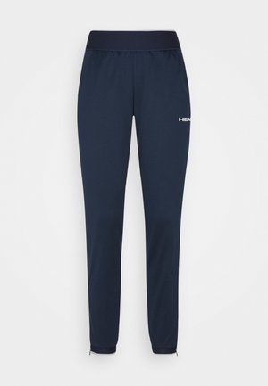 Pantaloni sportivi aderenti blu navy con vita elasticizzata, cerniere alle caviglie e logo bianco "HEAD" sulla coscia superiore.