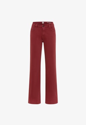 Rote weit geschnittene Jeans aus einem Baumwoll-Mischgewebe, ausgestattet mit einem klassischen Fünf-Taschen-Design und einer Frontknopfverschluss. Glatter Stoff, klare Linien.