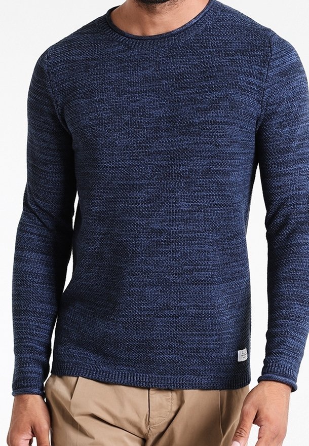 Navy blue long-sleeve knit sweater with textured fabric, round neckline, and trim detailing at hem and cuffs. Tag visible at the lower left.
