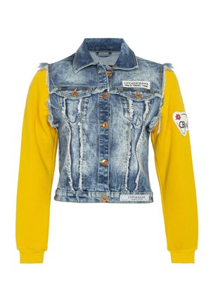 Denim jas met een verouderd blauwe body en felgele lange mouwen. Heeft bruine knopen, patches en een cropped ontwerp.
