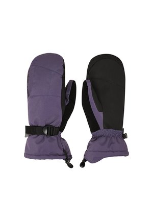 Moufles violettes avec paume texturée noire, poignet élastique et sangle ajustable pour un ajustement sûr. Présente une surface extérieure lisse et un intérieur doublé.