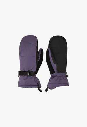 Purple mittens with black textured palm, elastic wrist, and adjustable strap for a secure fit. Features a smooth exterior and lined interior.