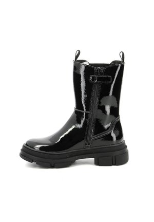 Black patent leather mid-calf boot with chunky sole, side zipper, and pull tabs at top, shown from the outer side on a white background.