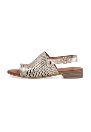 Metalen zilveren slingback sandaal met uitsnijdingen, open teen en een lage bruine textuurhiel. Heeft een ronde hardwaredetail.