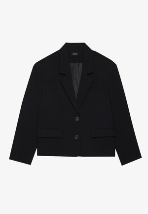 Black cropped blazer with a notched collar, two front pockets, and two button closure. Textured fabric with a smooth inner lining.