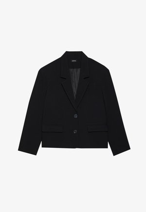 Schwarze cropped Blazerjacke mit Reverskragen, zwei Vordertaschen und zwei Knopfverschluss. Strukturierter Stoff mit glattem Innenfutter.