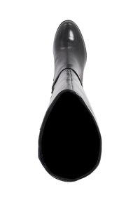 Black knee-high leather boot viewed from the top, showing smooth pointed toe and open shaft against a white background.